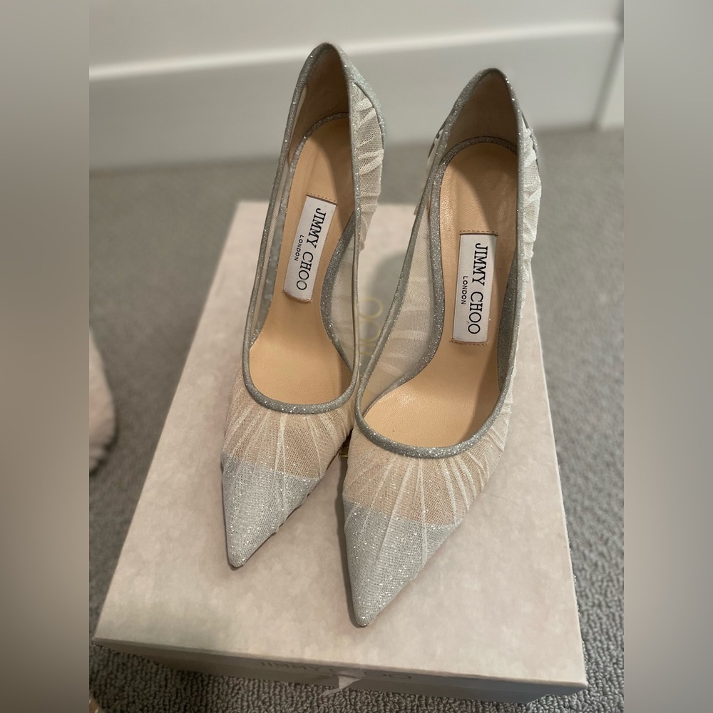 Jimmy Choo Love 85 Metallic Silver Glitter Fabric Pumps with Ivory Tulle Overlay